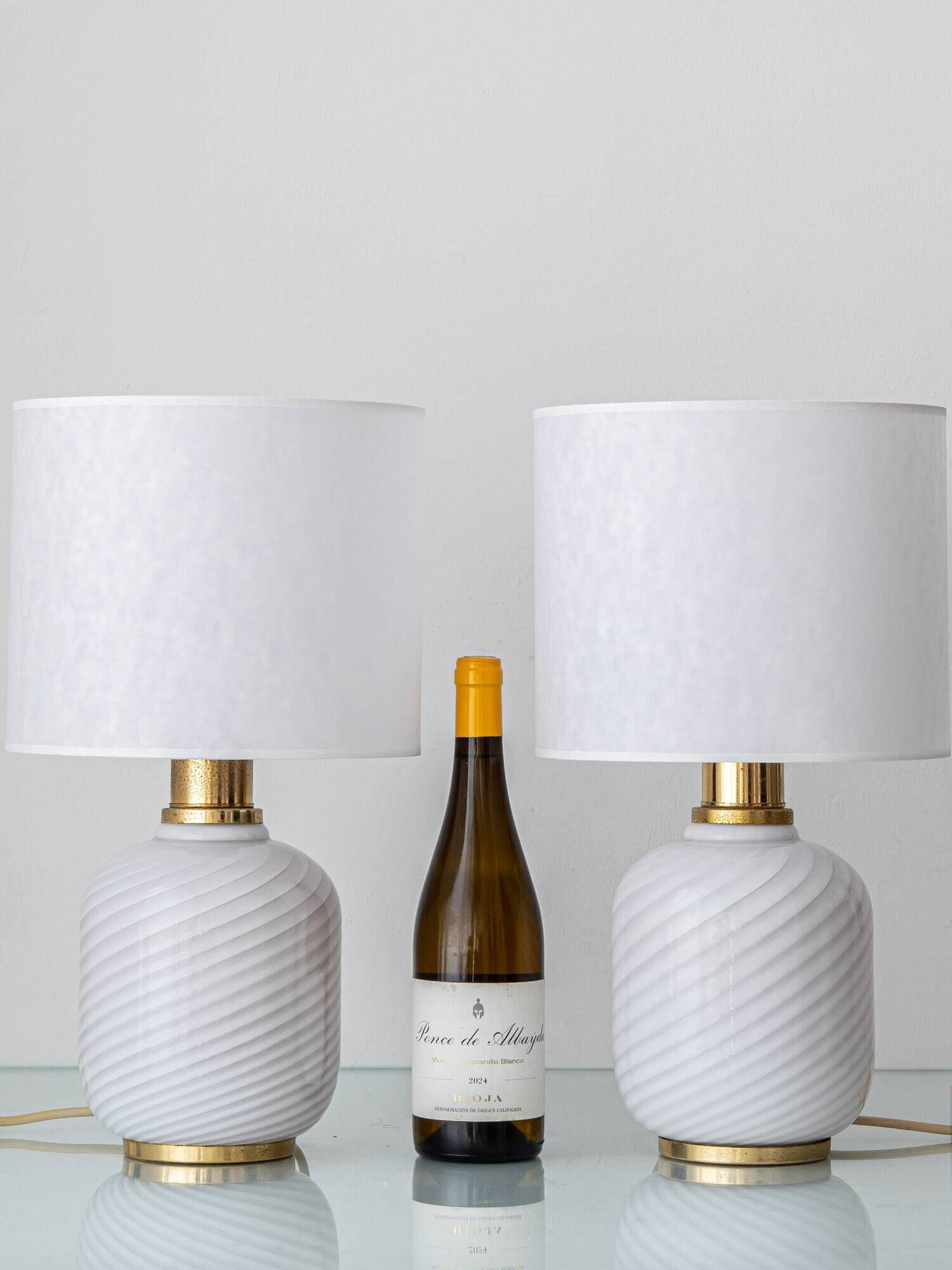 Murano Glass Table Lamps from the 1970s, White Opaline and Brass