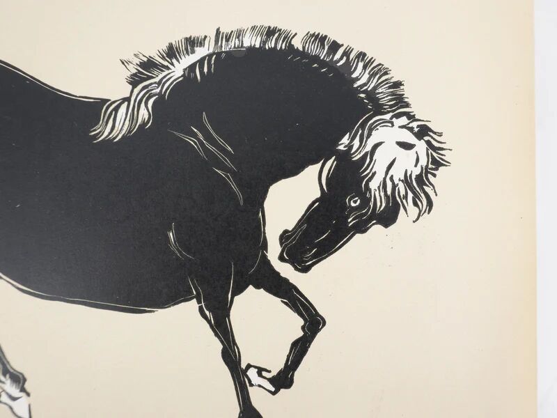 Mokuchu URUSHIBARA: Japanese print, horse bowing (cream), woodblock print, signed