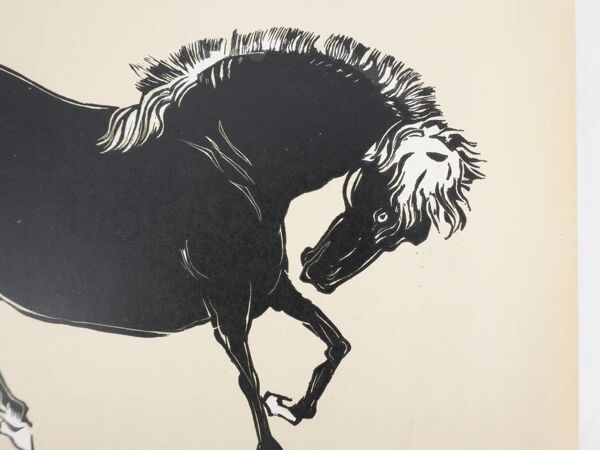 Mokuchu URUSHIBARA : Estampe japonaise, cheval faisant la révérence (crème), gravure sur bois signée