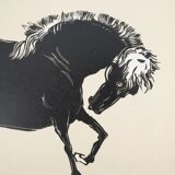 Mokuchu URUSHIBARA: Japanese print, horse bowing (cream), woodblock print, signed