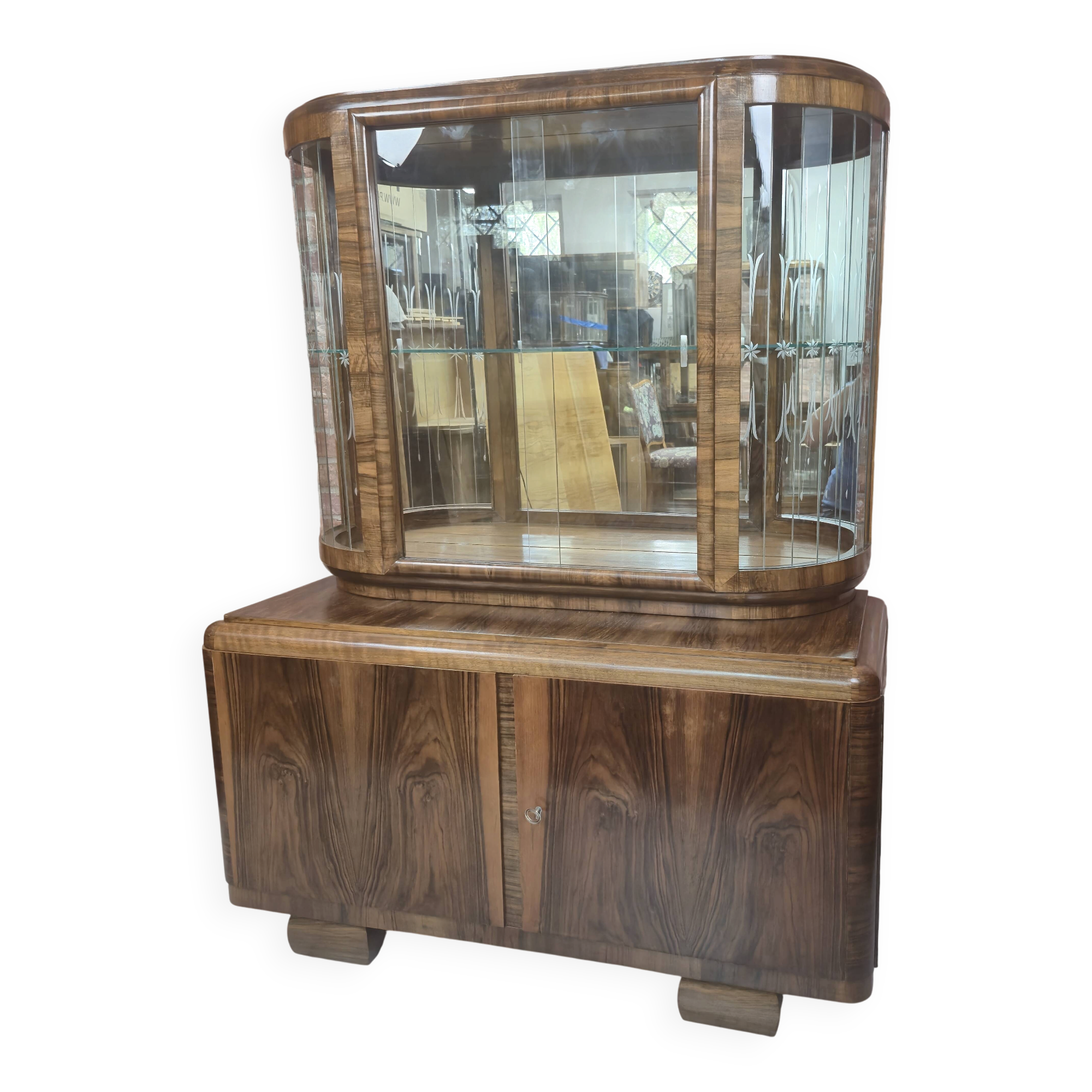 Restored Art Deco Walnut Display Cabinet with Engraved Glass Slats - 1930s