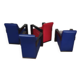 4 x Vintage Ying lounge chairs / fauteuils van Hugues Chevalier,'90. 3 x blue / 1 x red leather