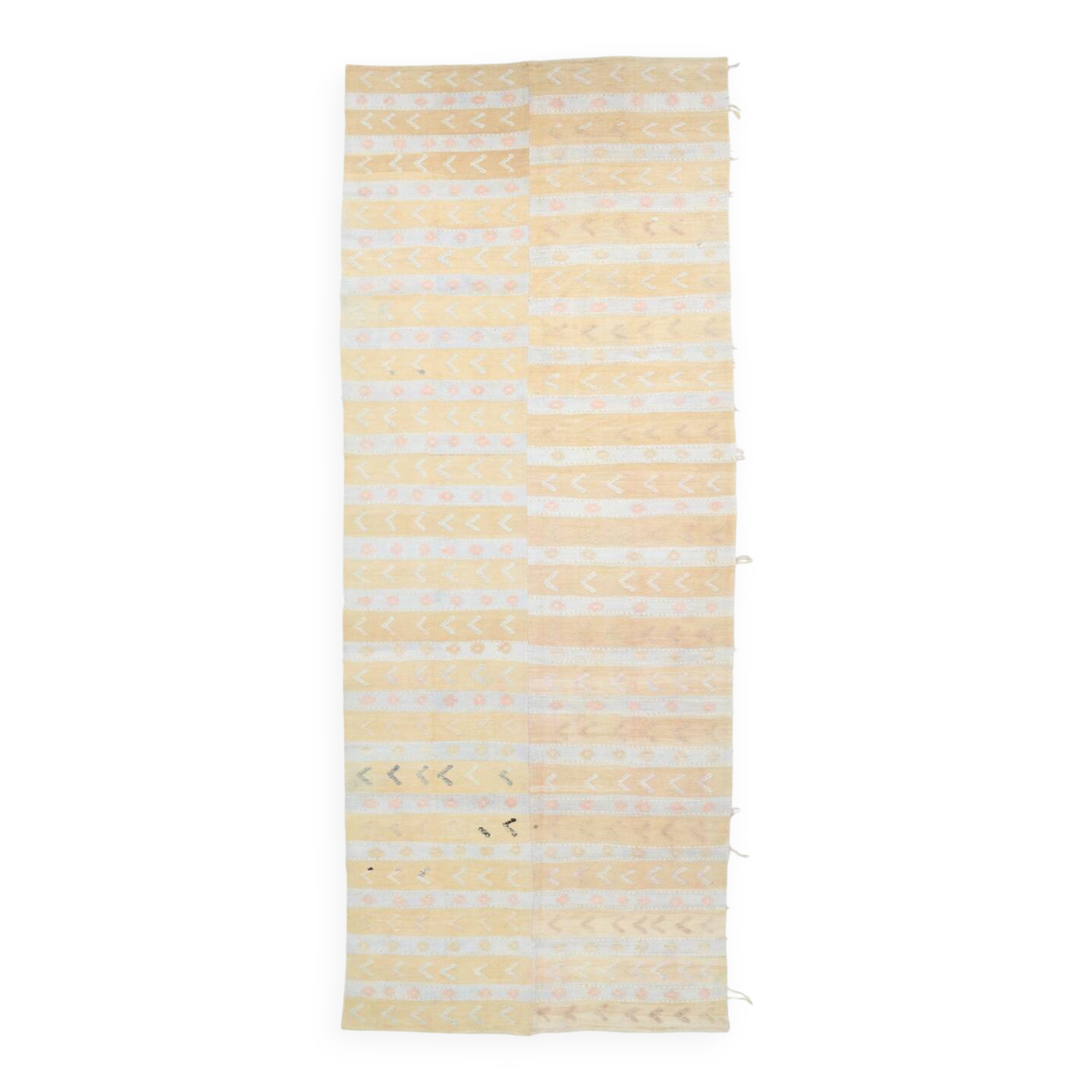 Soft Beige & Mustard Yellow Striped Wool Kilim Rug, 155x396