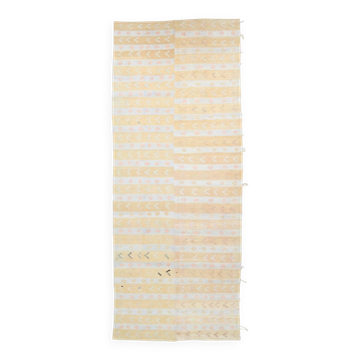 Soft Beige & Mustard Yellow Striped Wool Kilim Rug, 155x396