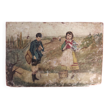 French vintage oil painting, L'Angelus des ecoliers, signed D. Ladrens