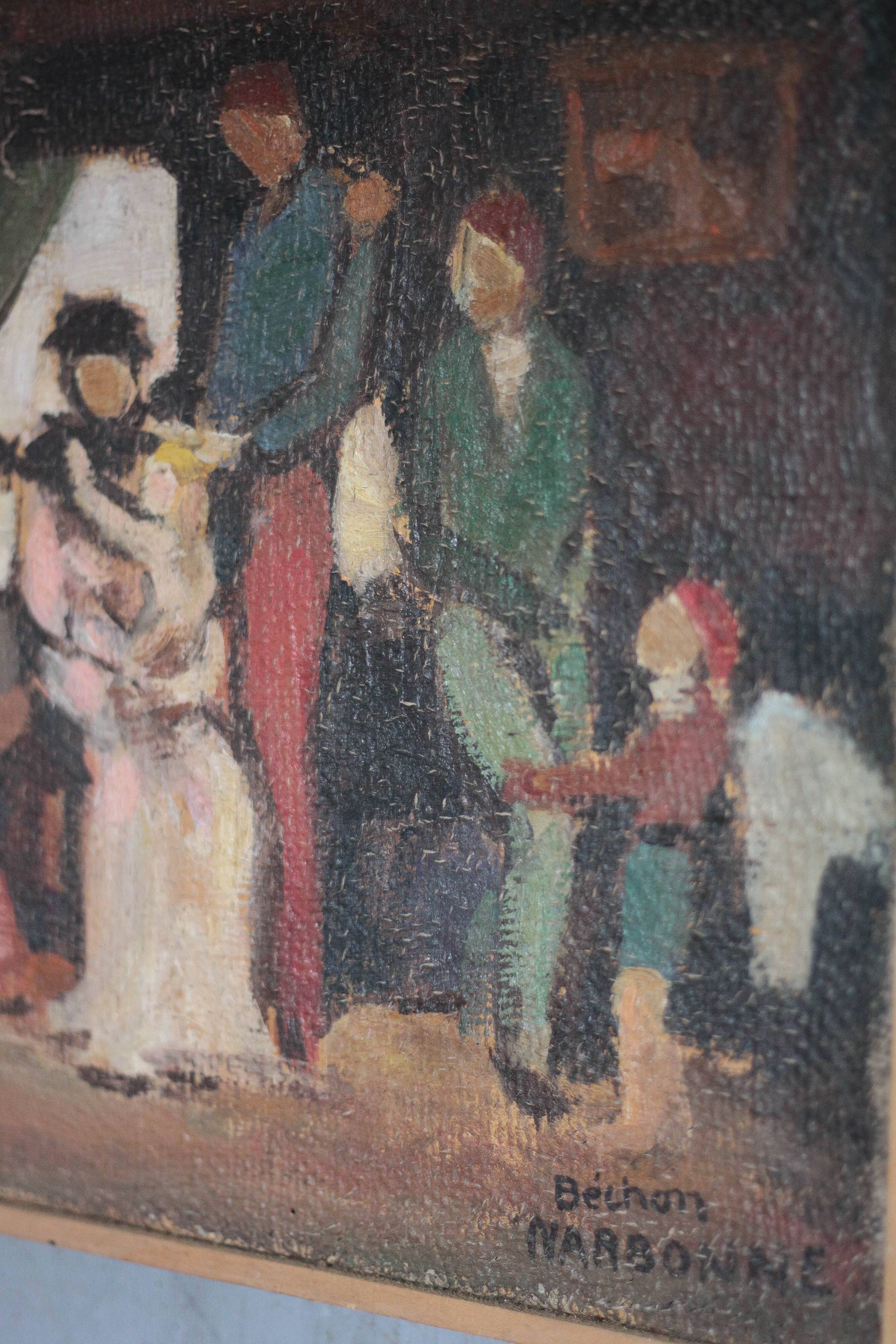 Painting signed Béchon-Sauzeau, oil on canvas, scene of characters.