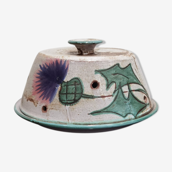 Plat rond sous cloche en poterie artisanale année 60/70 fait main décor chardon