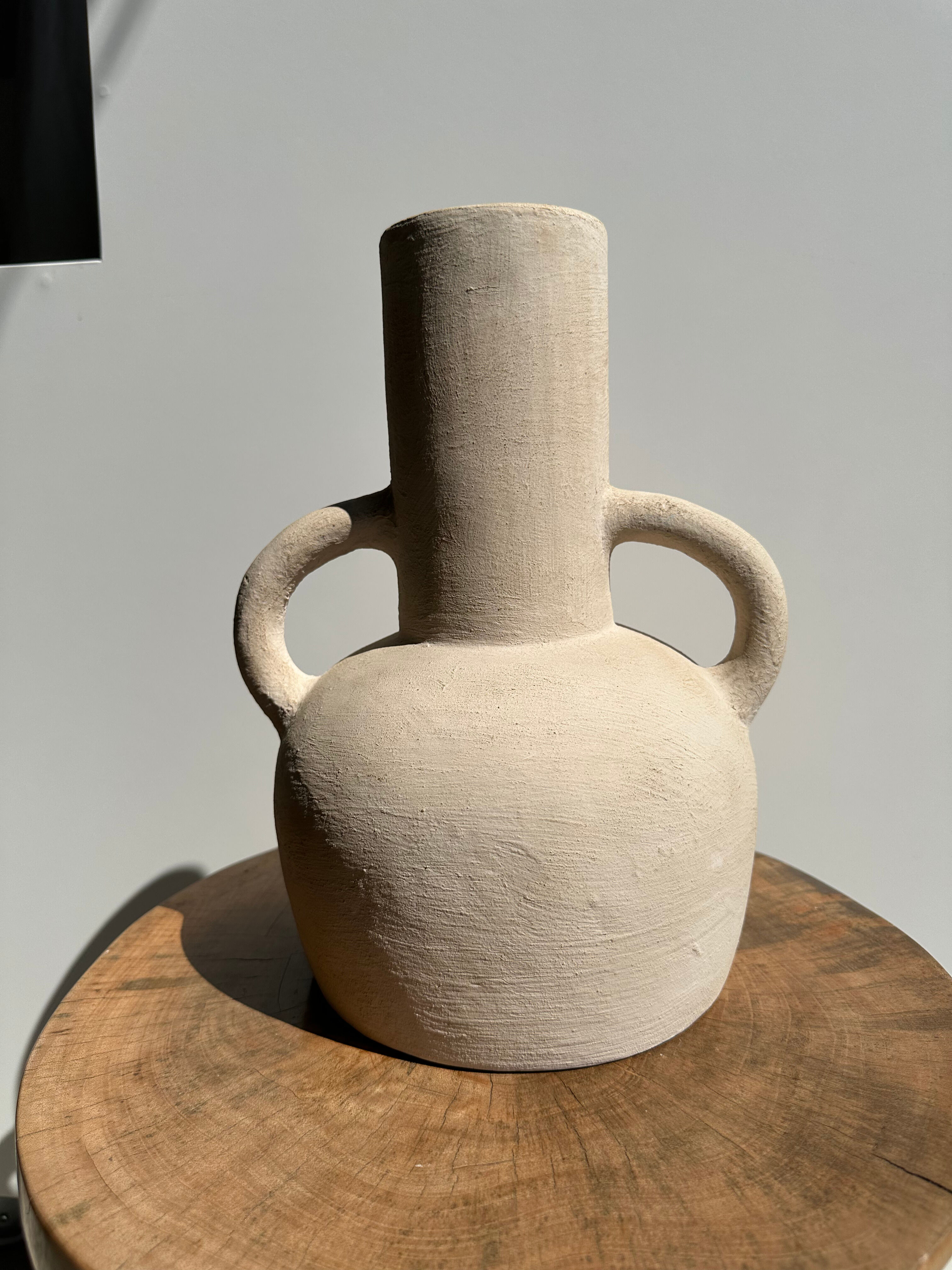Handmade terracotta vase painted in beige with double handles h:32 d:25