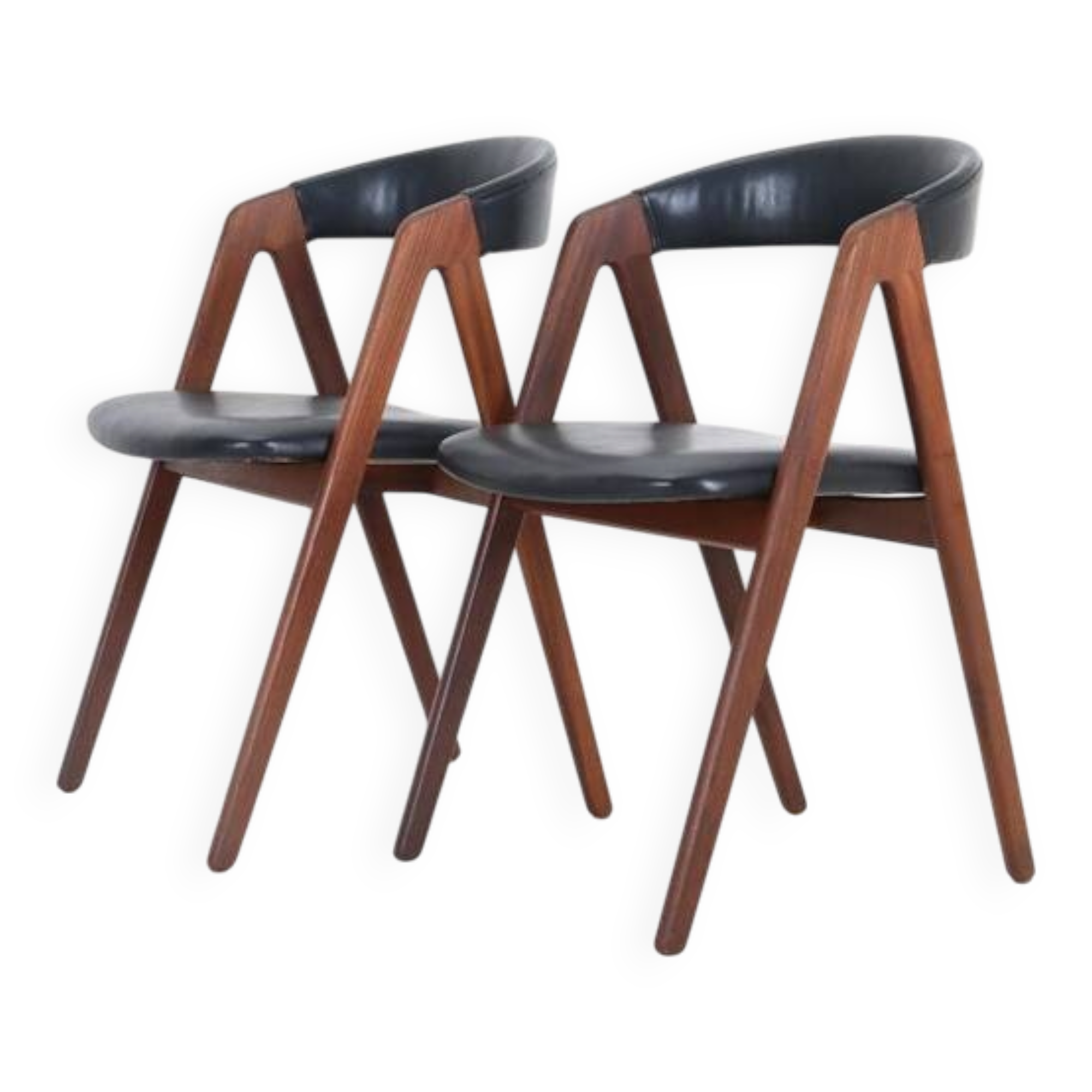 Set of 2 “A-Chairs” / teak chairs / recycling leather / black / Mid Century Danish Modern Design / 1960s