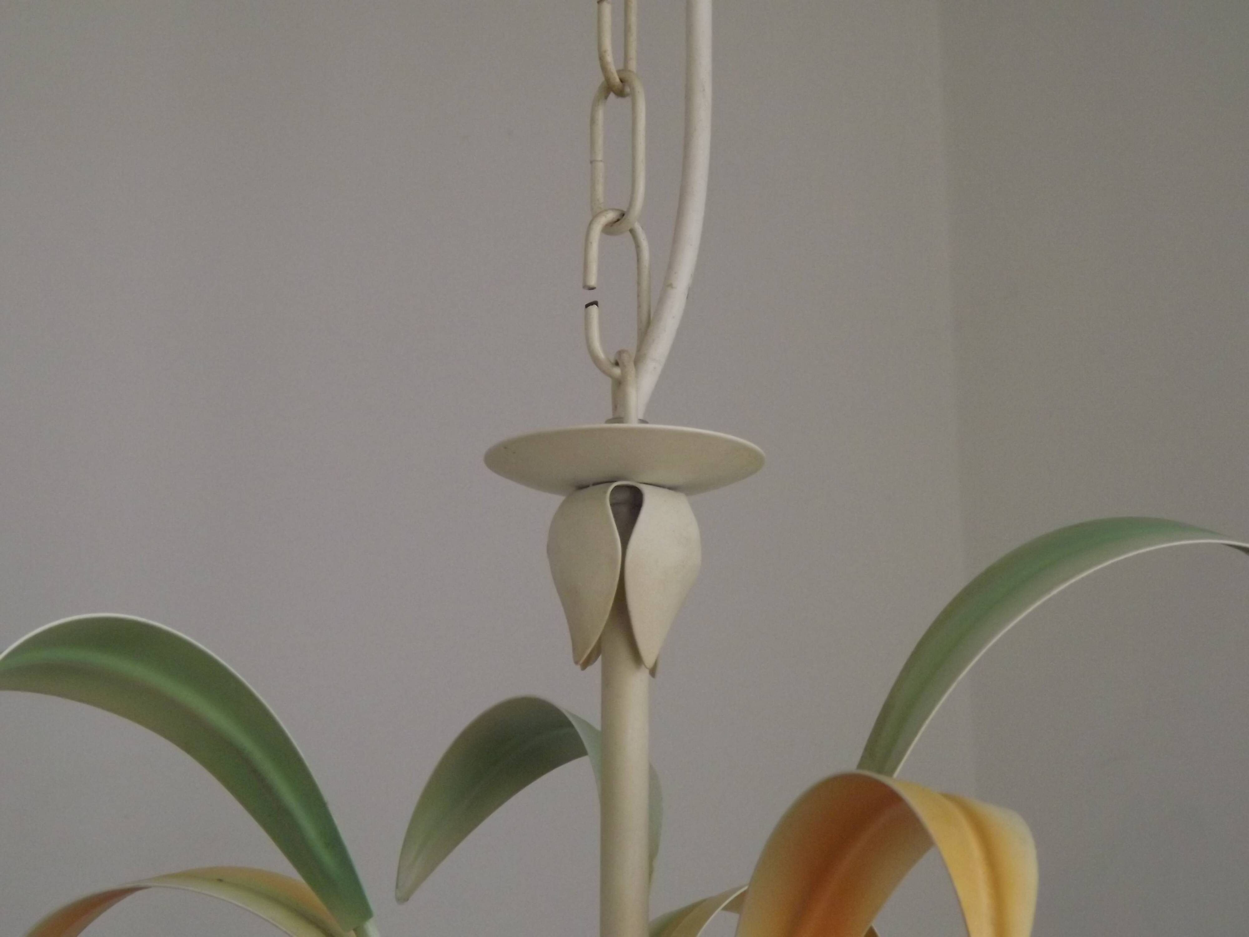 French Vintage Cream 3 Light Chandelier Green and Peach Leaves