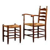Rustic Armchair and Stool in stained oak and rush, France 1950s