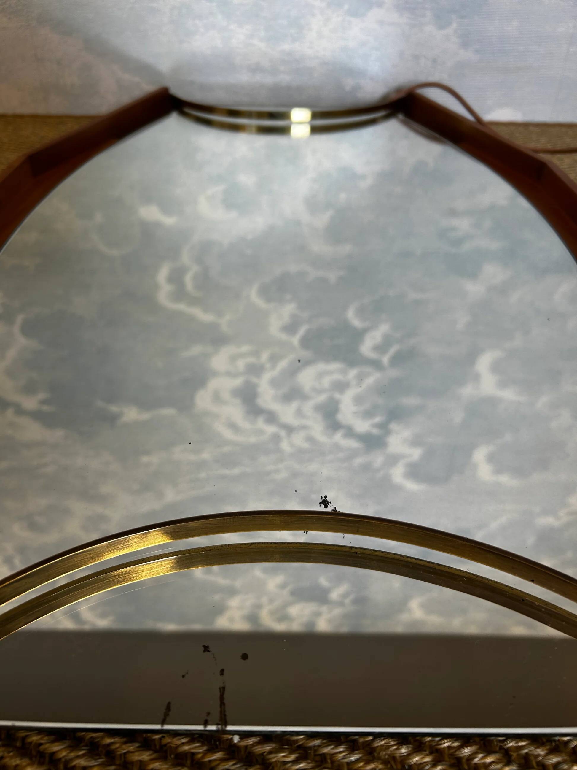 Wall mirror with brass detail and leather mounting, Vetreria Andreini, Ravenna, Italy, 1950s
