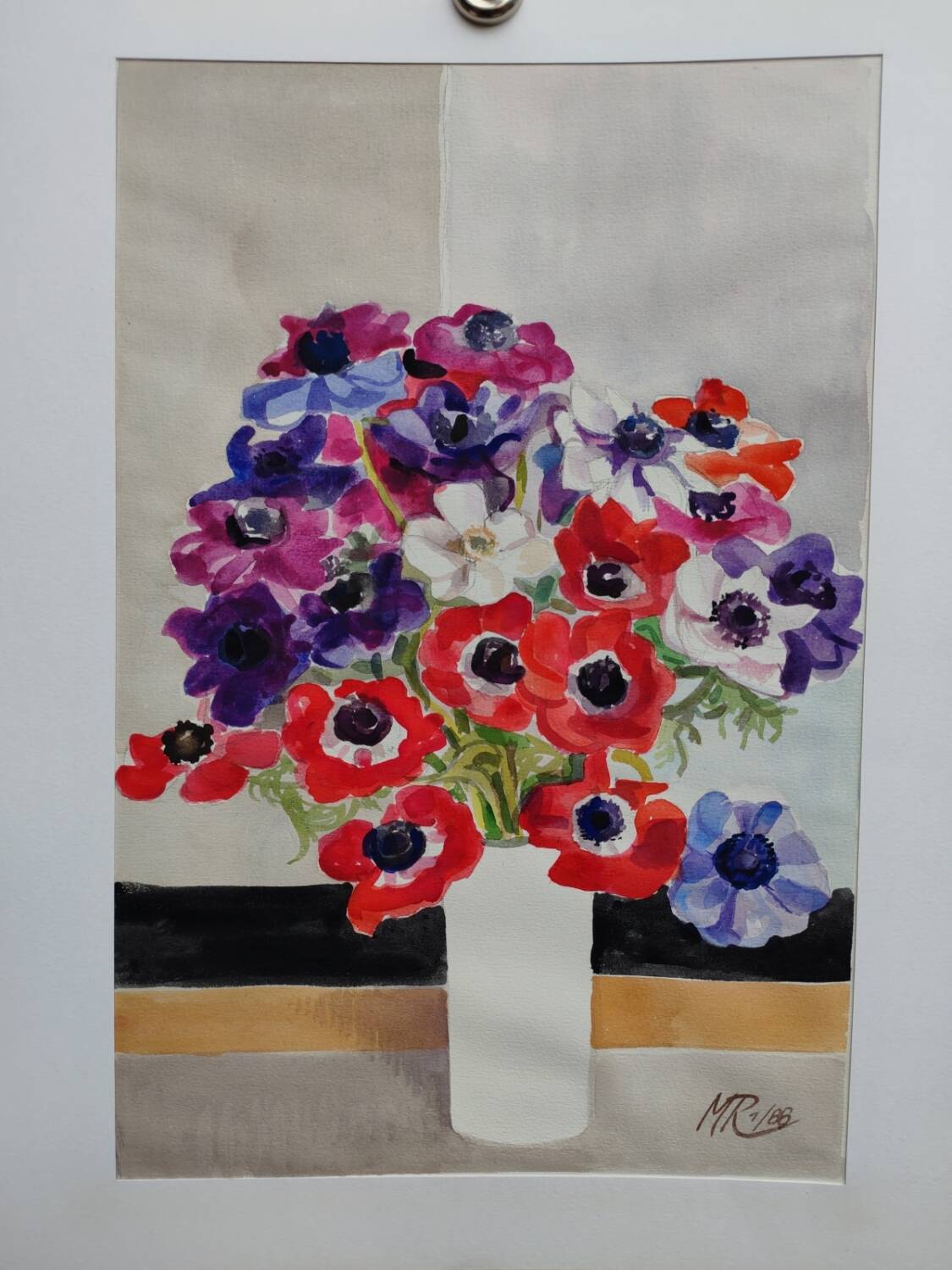 Watercolor by Michel Roubille, bouquet of flowers 1988.