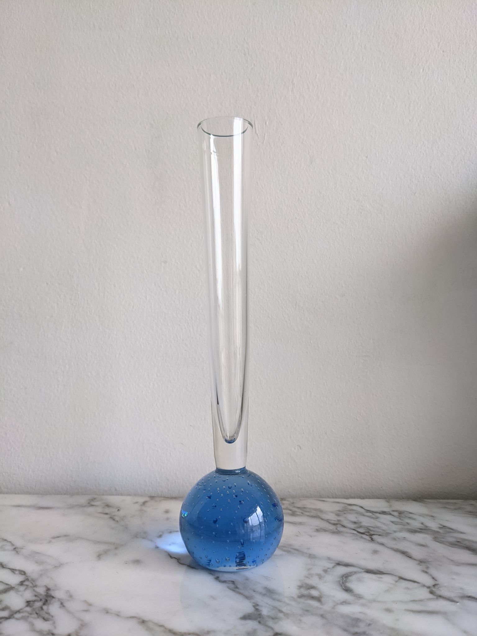 Vintage fine soliflore glass vase with blue ball in murano bubble glass at the base