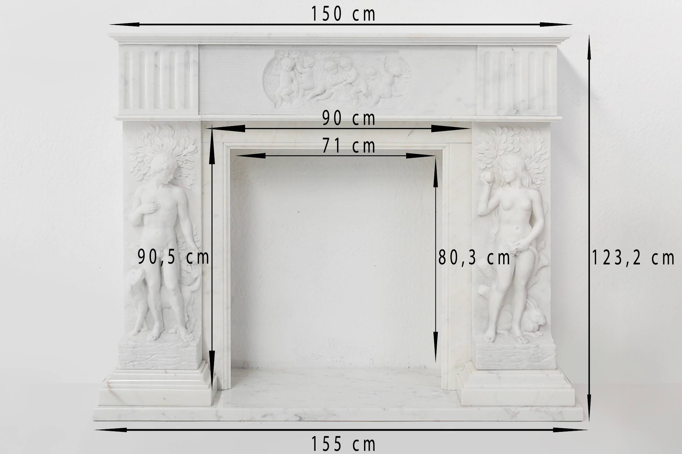 French Carrara marble fire place with Adam and Eve decoration