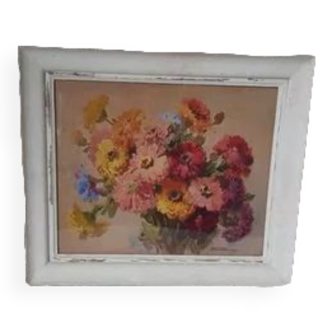 Shabby watercolor frame "Bouquet of zinnias" signed