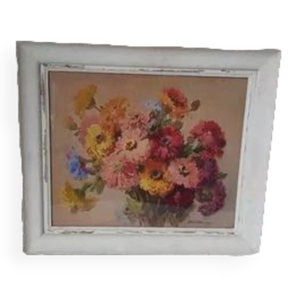 Aquarelle "bouquet de zinnias" signé