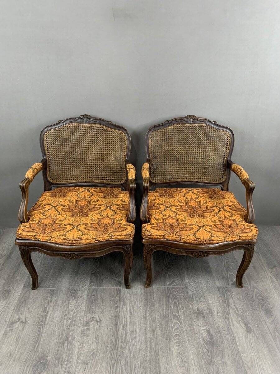 Pair of Louis XV Carved Wood Fluted Armchairs, Late 19th Century