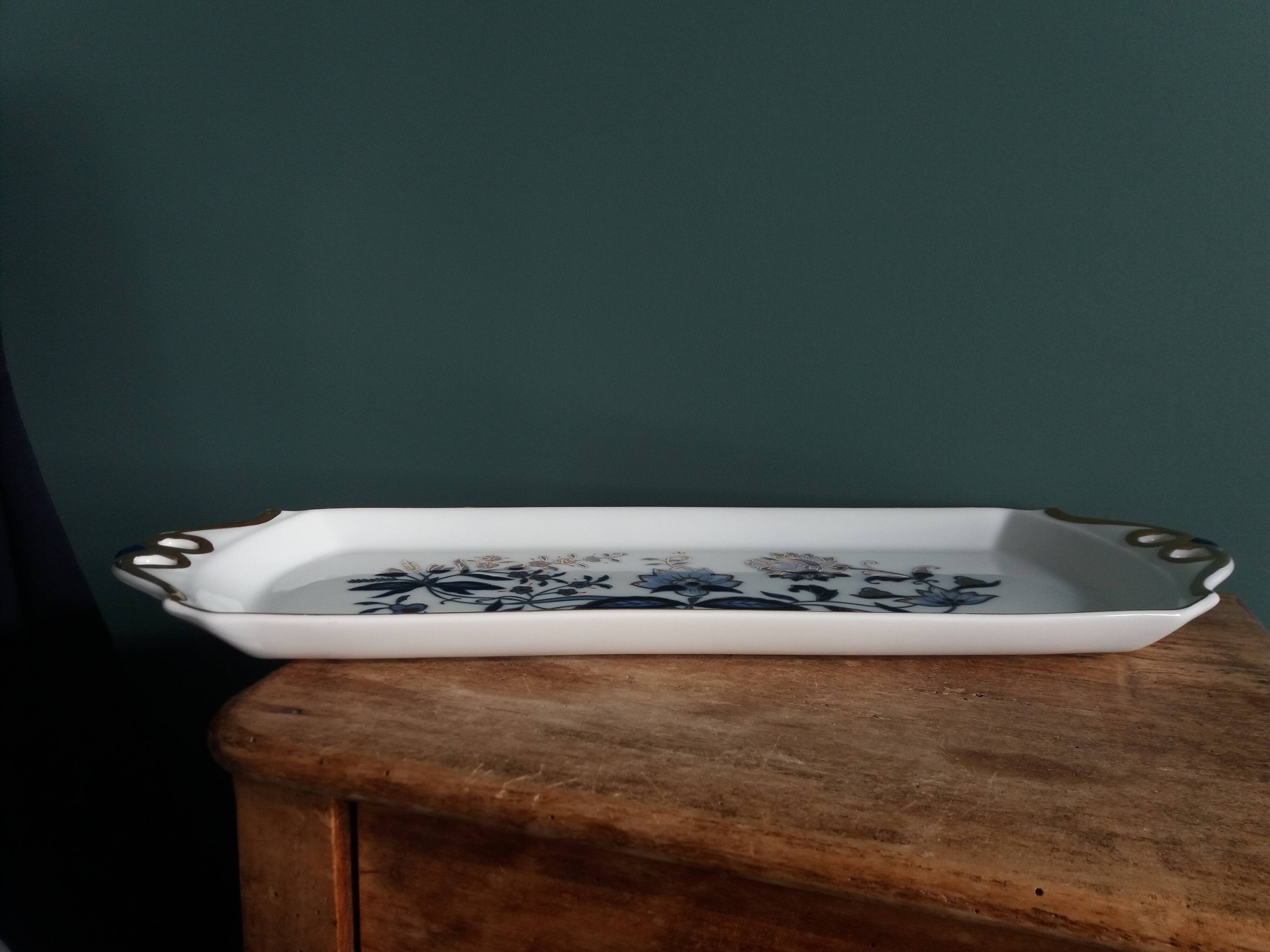 Victoria rectangular tray, hand-painted blue and gold porcelain decoration