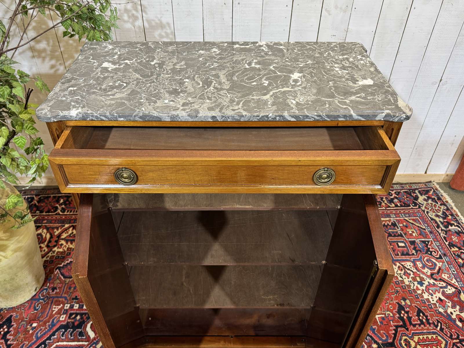 Small Louis XVI style cabinet in mahogany, oak, and marble top.