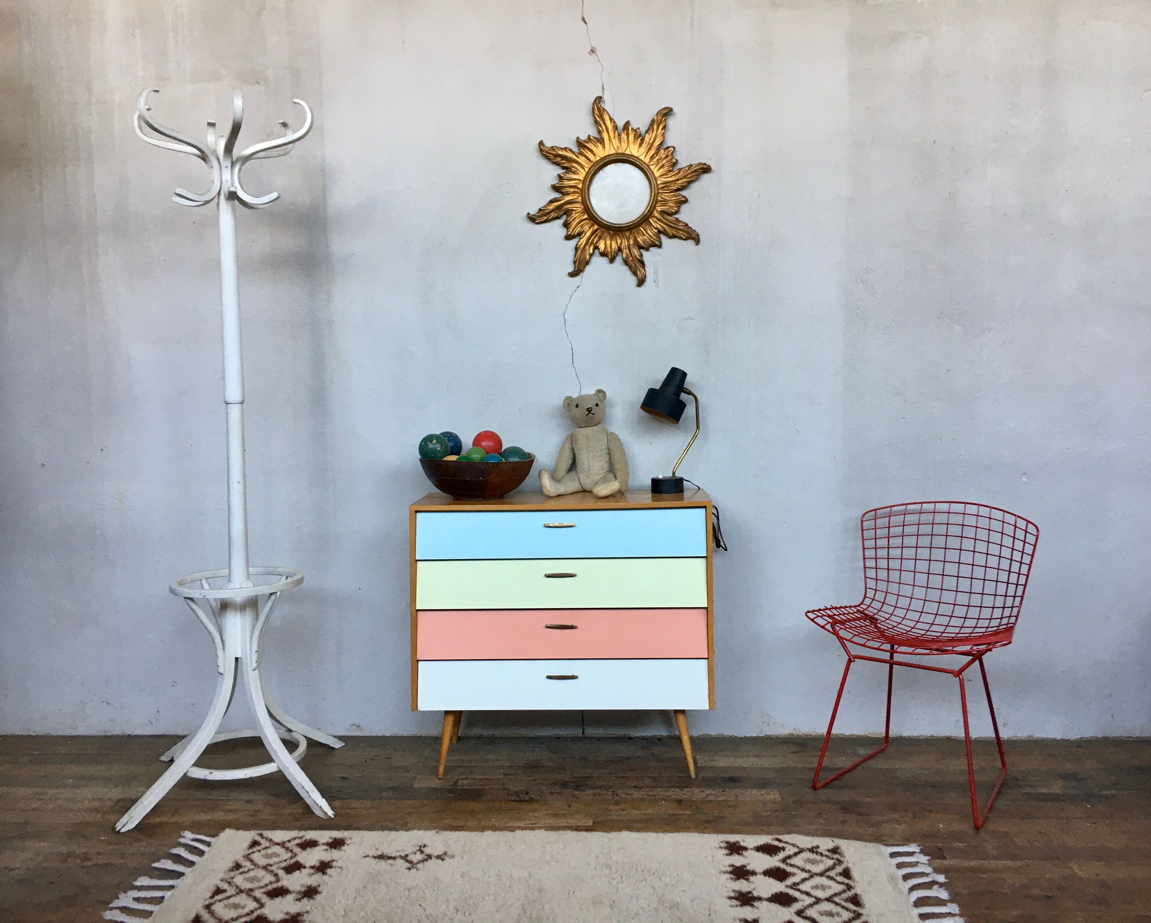 50s color formica shoe cabinet with compass feet
