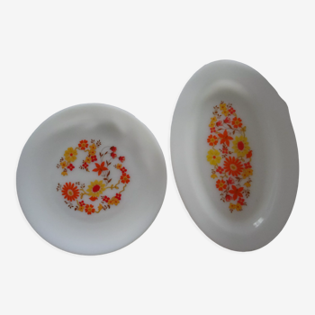 2 dishes arcopal orange flowers model flora 70