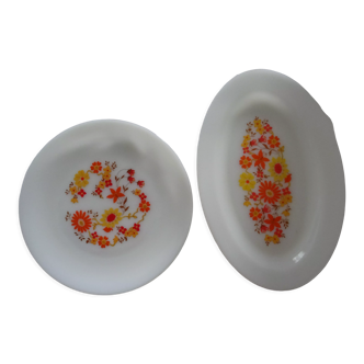 2 dishes arcopal orange flowers model flora 70