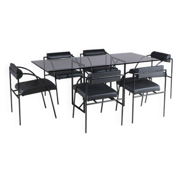 1980s “Tokio” dining table with six “Vienna” chairs by Rodney Kinsman for Bieffeplast, Italy