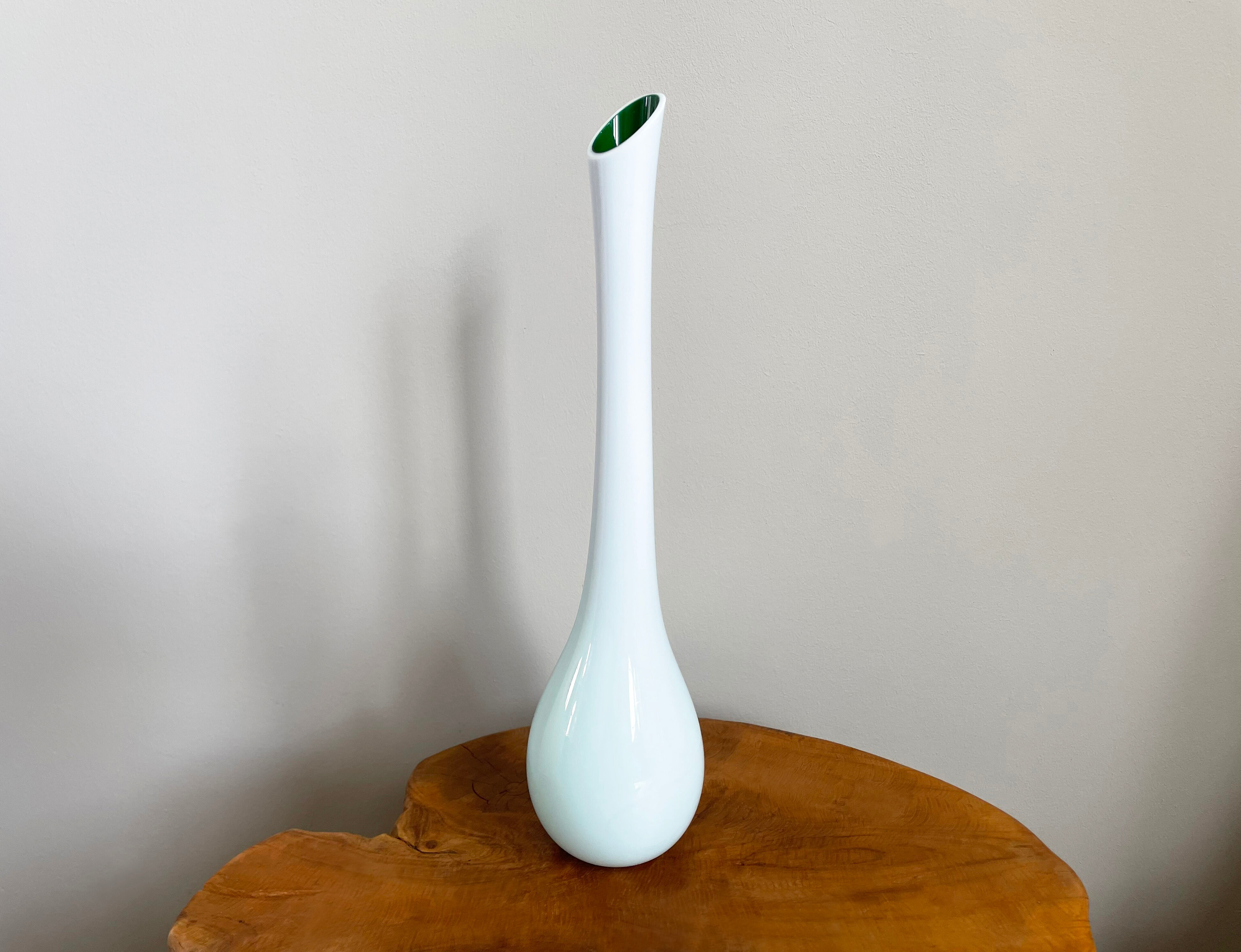 White and Green Long-Neck Vase, Handblown Coloured Glass, Single Flower Vase