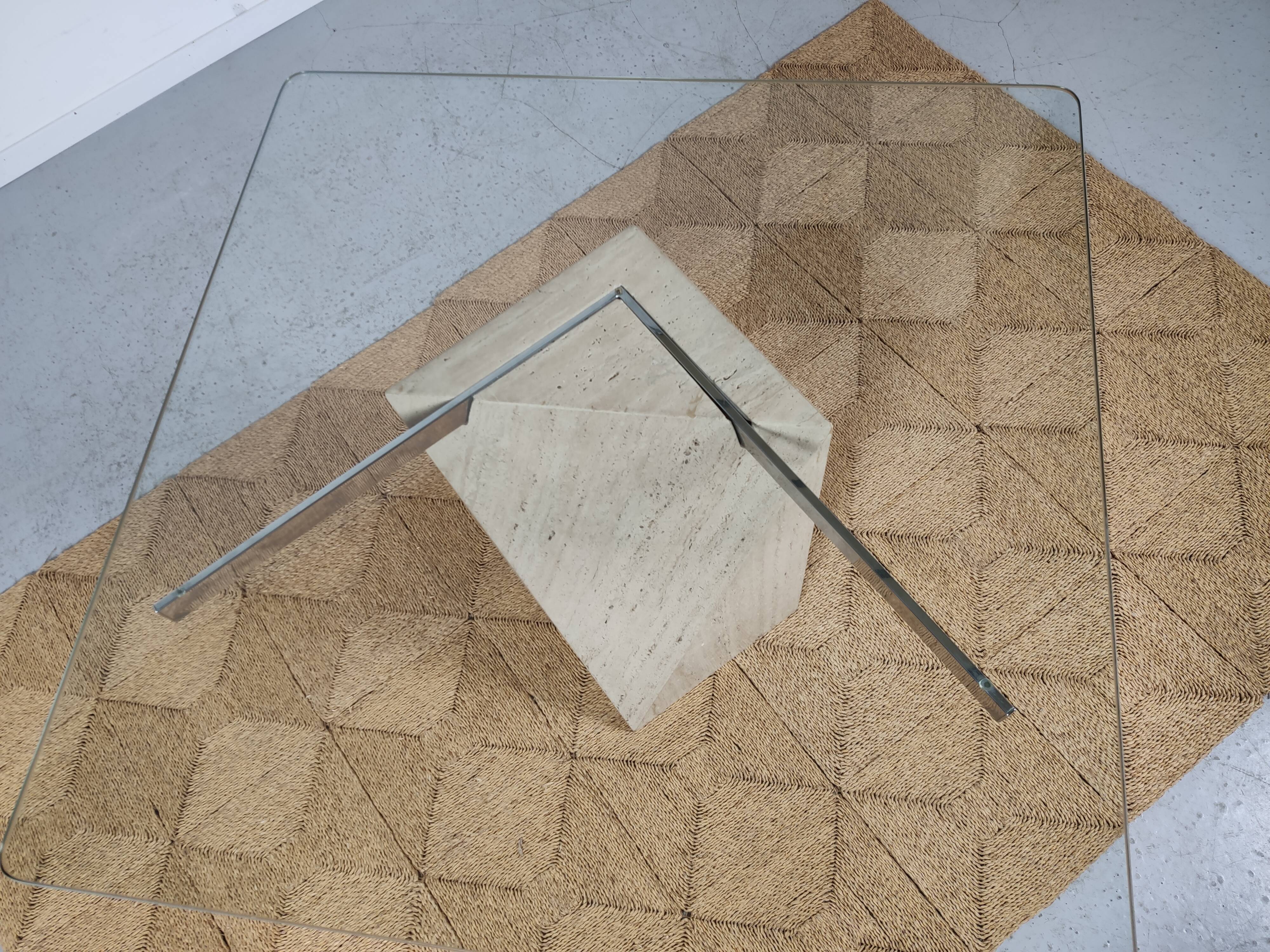 square dining table in travertine and glass , 80s