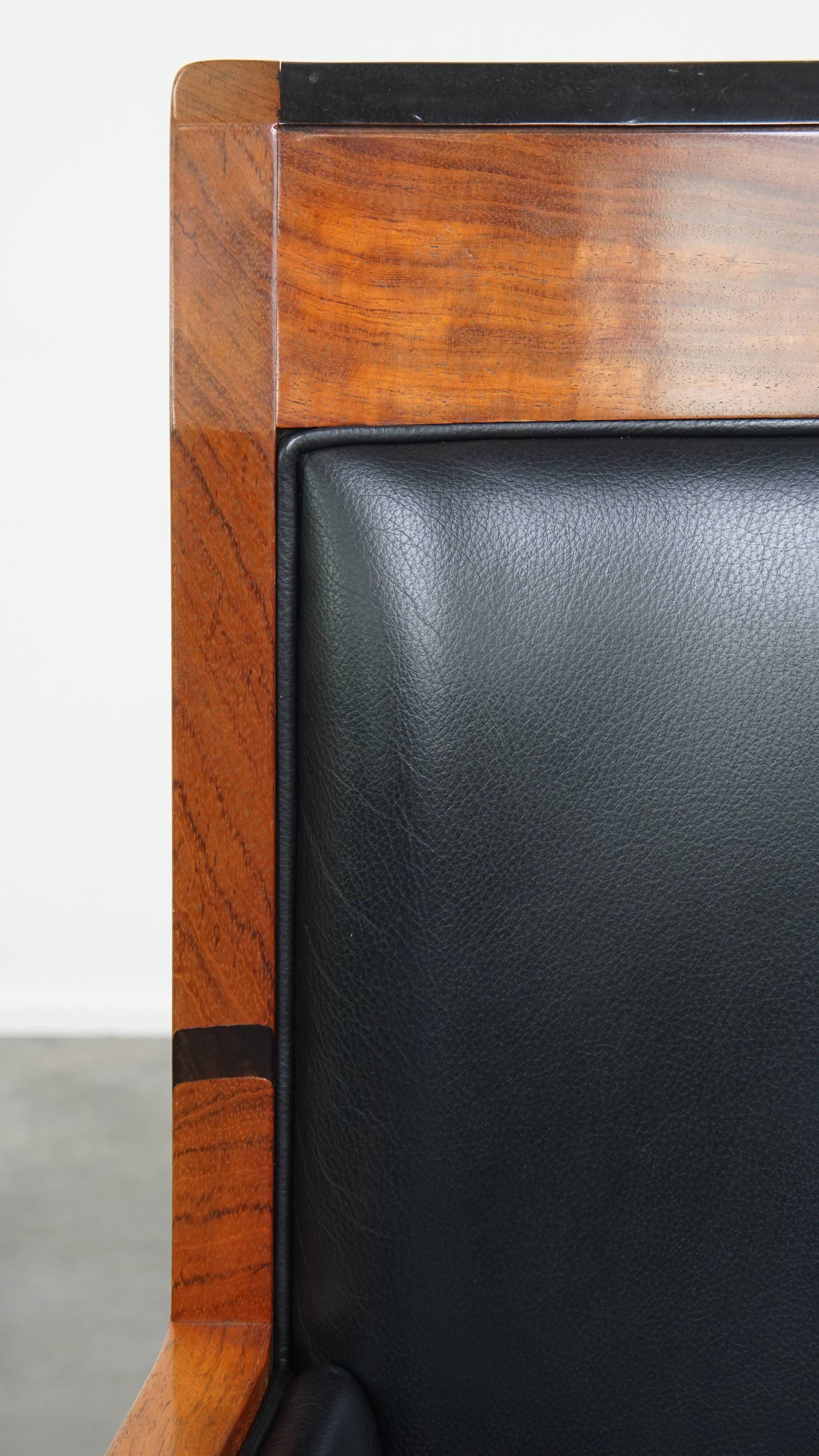 Black Cowhide Leather and Wooden Art Deco Armchair