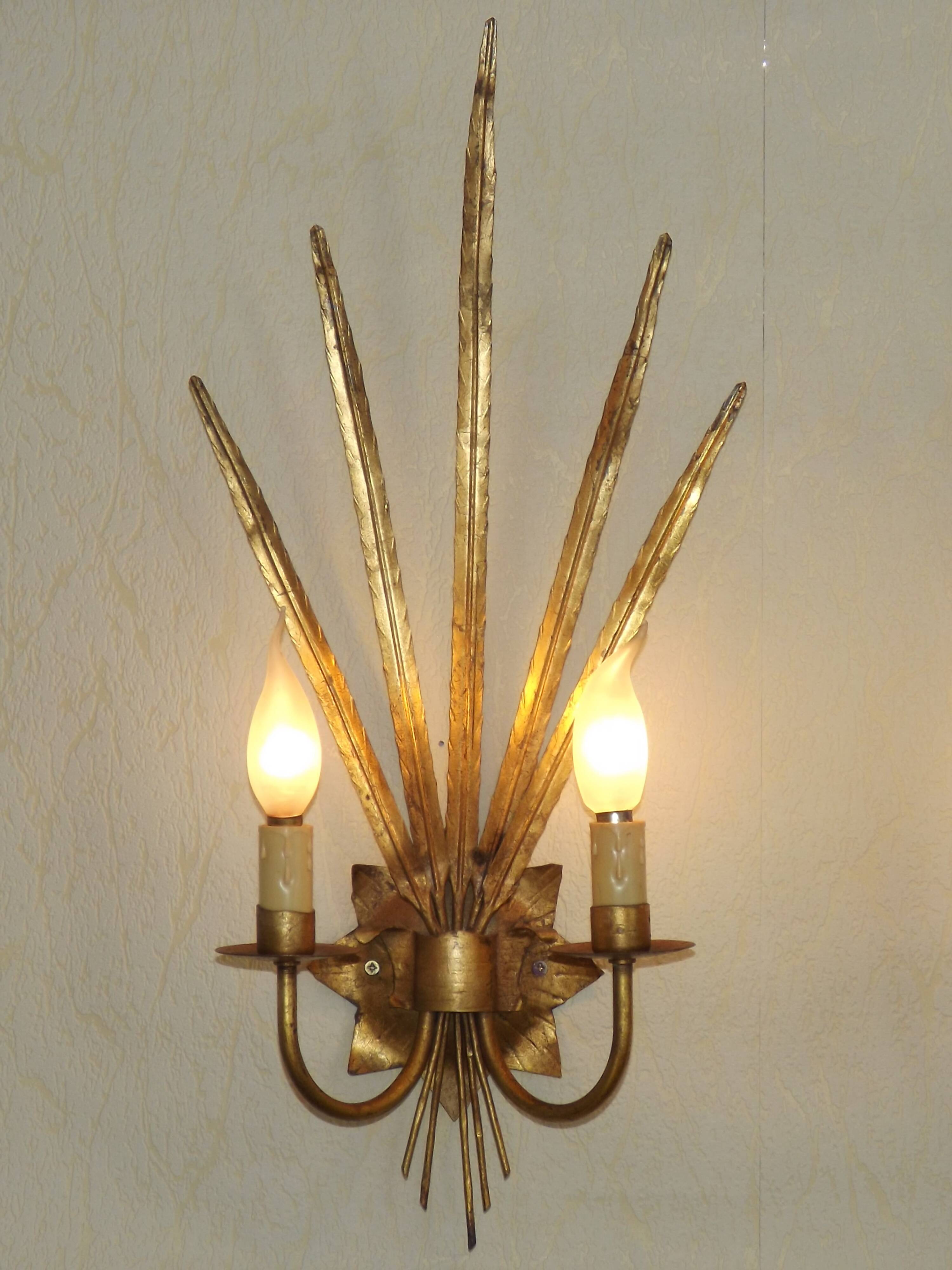 Matching Pair Large 'Ferro Art' Spain, 1950s Reed Leaf Double Wall Lights 5