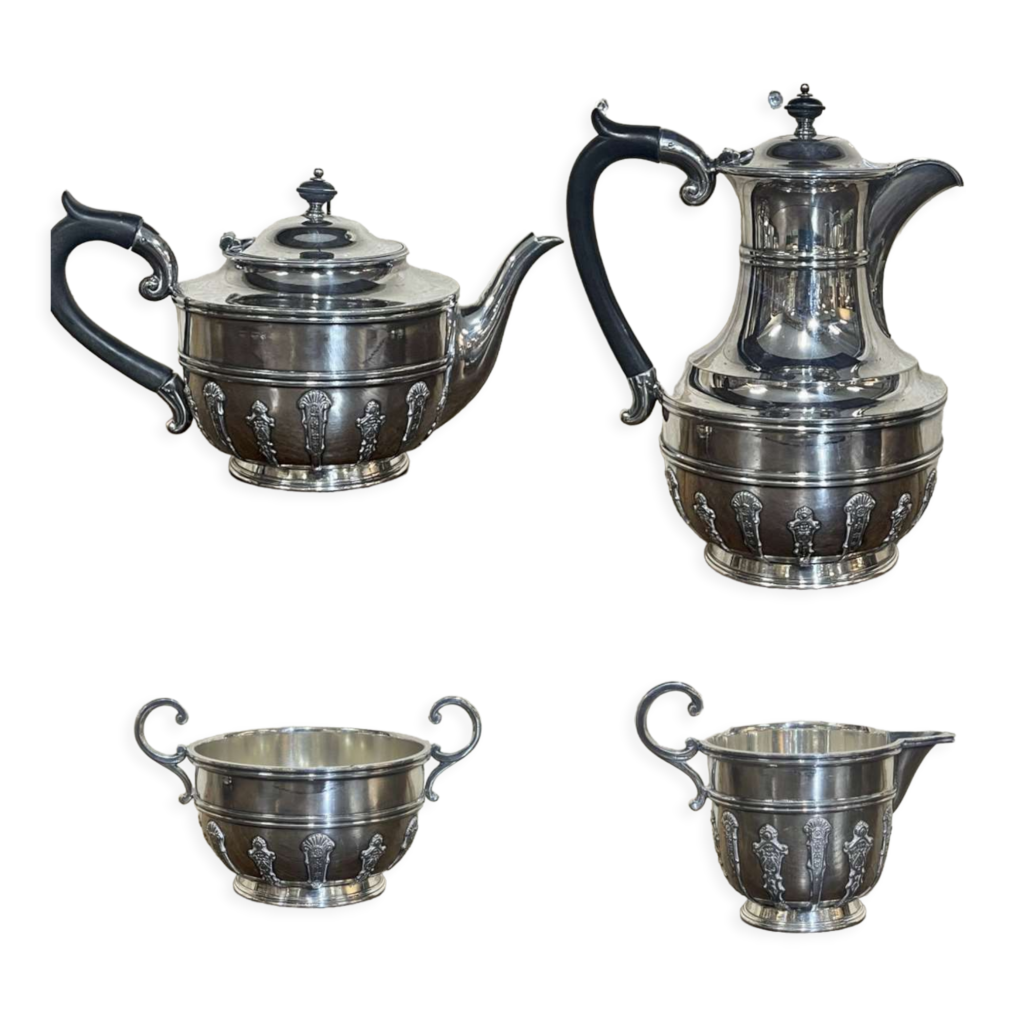 English tea and coffee set in silver metal early twentieth century with sugar bowl and milk pot
