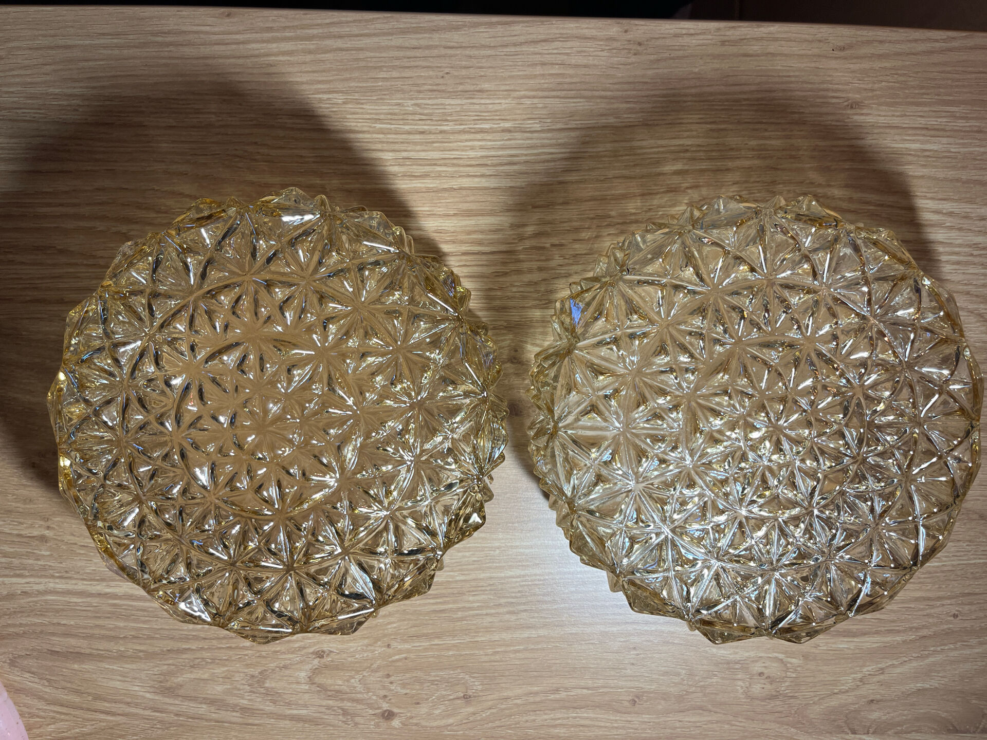 Pair of amber pressed glass ceiling globes Vianne – 1960s