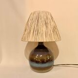 Vintage ceramic stoneware lamp signed JM 70s 80s bohemian raffia rope lampshade