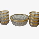 Salad bowl and cups in cut glass and brass