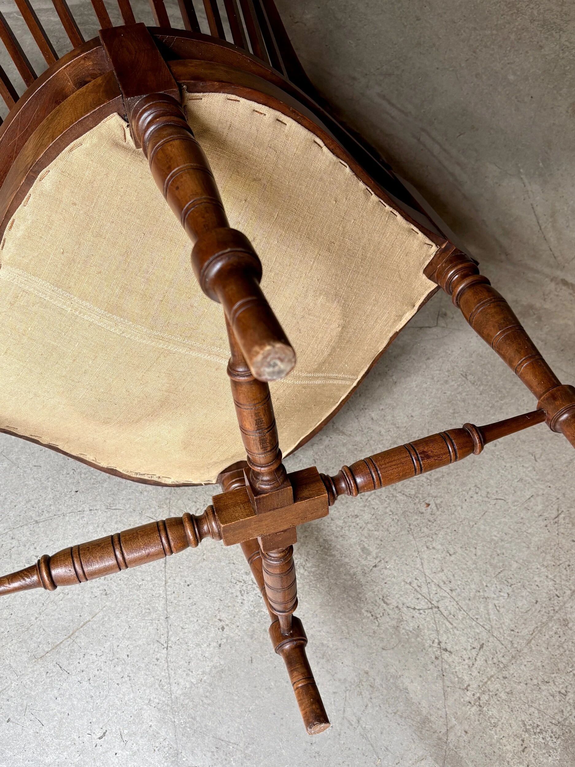 Corner armchair, dark wood and red velvet office chair.