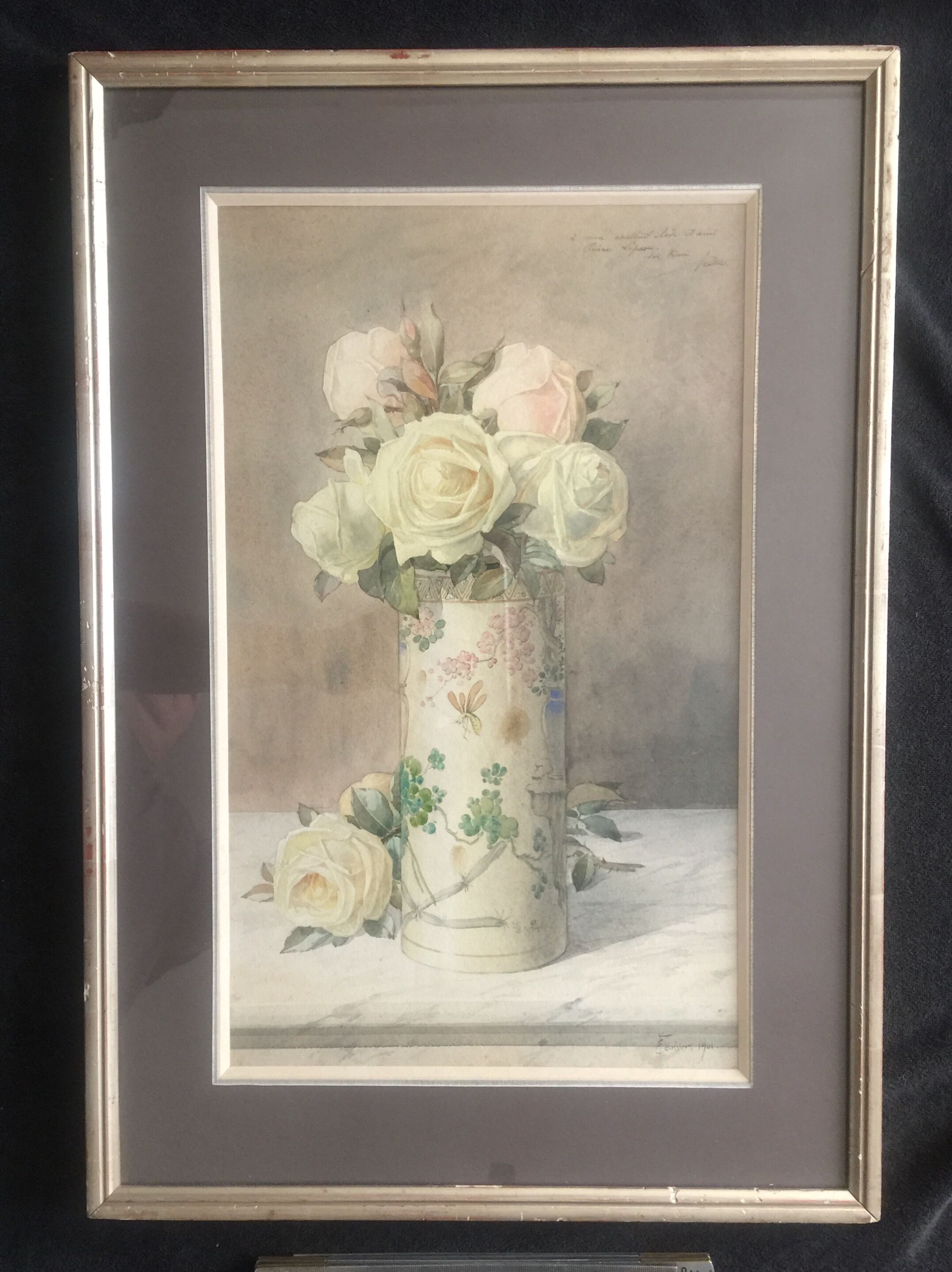 Ernest FOUSSIER 1901 "White roses in a Japanese vase"watercolor signed