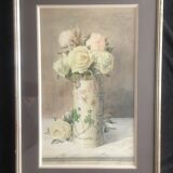 Aquarelle  "roses blanches dans un vase japonisant" signée ernest foussier 1901