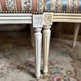 Pair of Louis XVI style chairs in painted wood and satin, classic elegance.