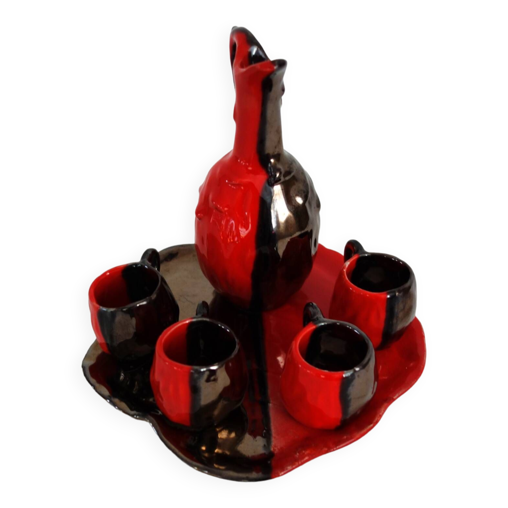 Vallauris two-tone liqueur service vintage flamed stoneware