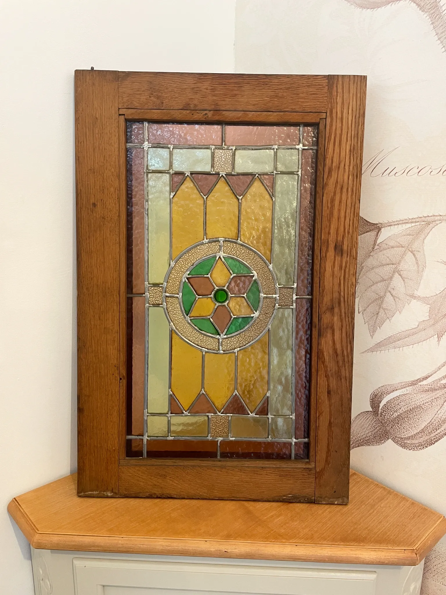 Rare - antique wooden furniture door with art nouveau stained glass