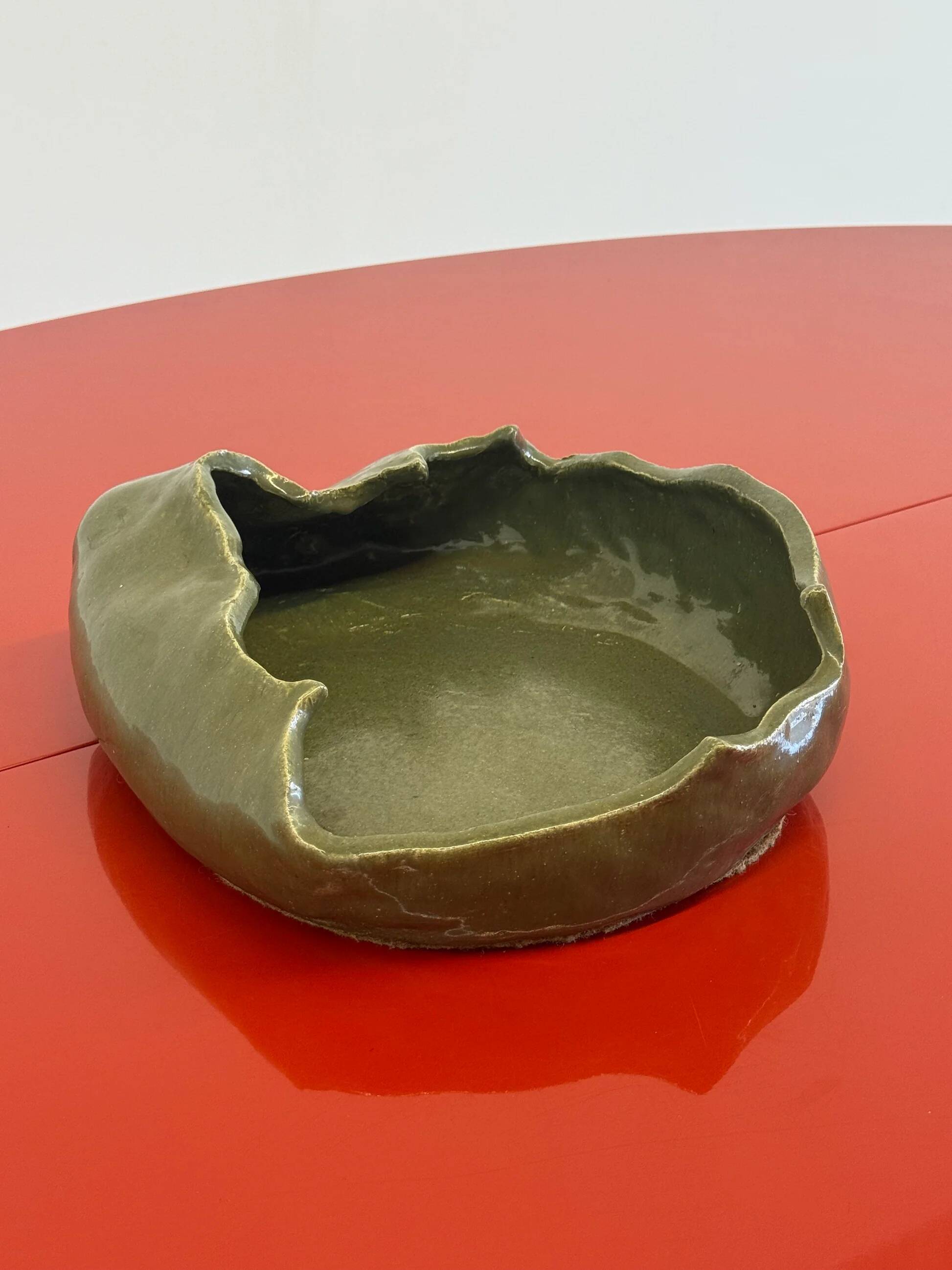 Vintage ceramic asymmetrical bowl in olive green
