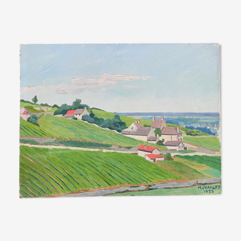 Peinture huile paysage campagne 1935