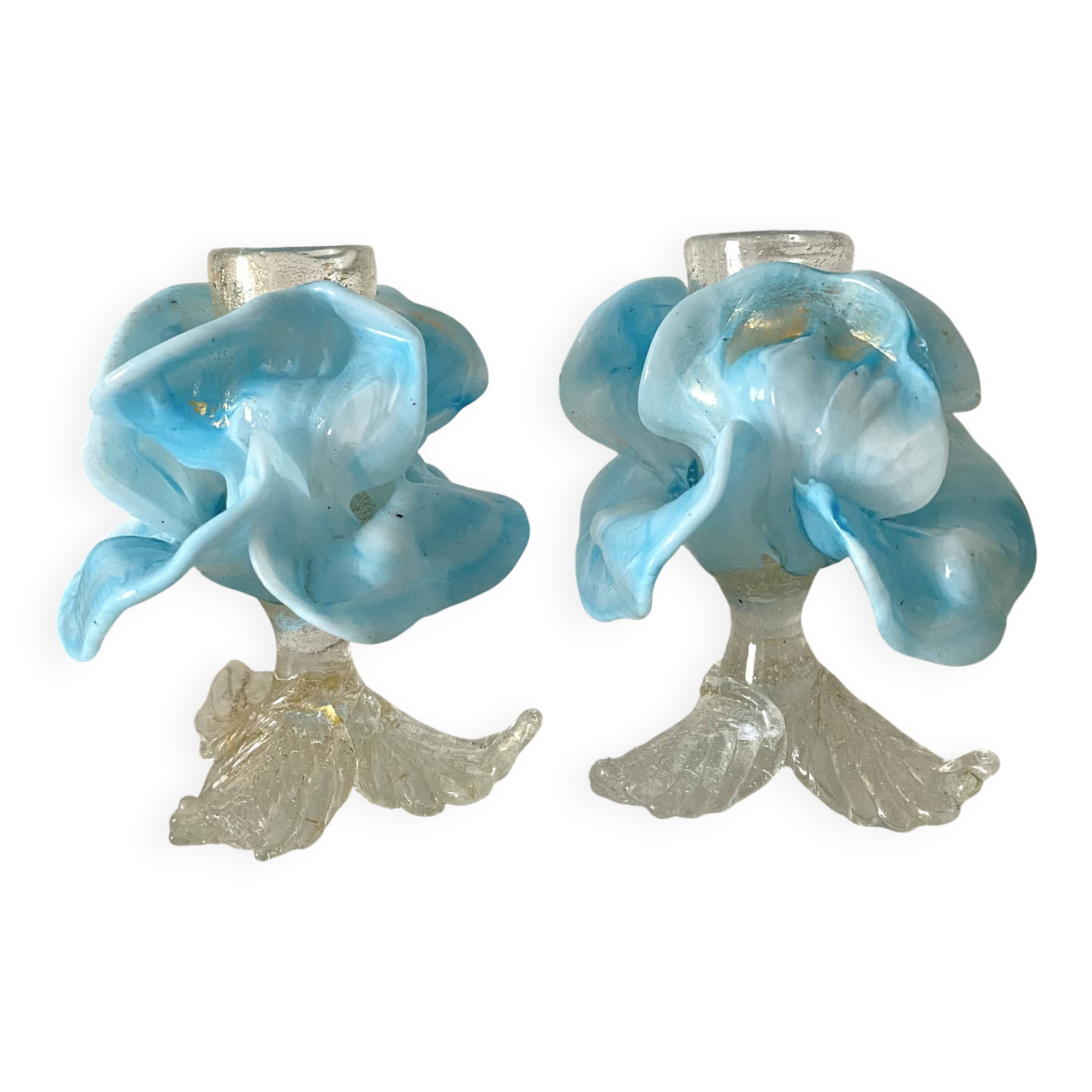 Pair of Murano glass candlesticks, iris flowers, 1960s