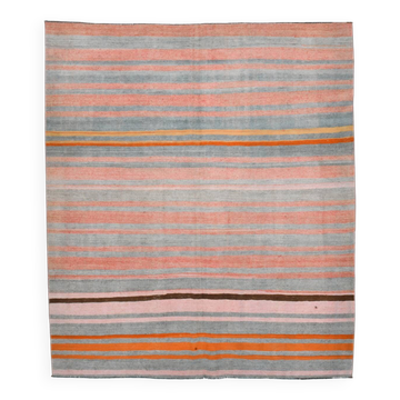 Tapis Kilim bohème rouge pâle et vert, 193 x 222 cm
