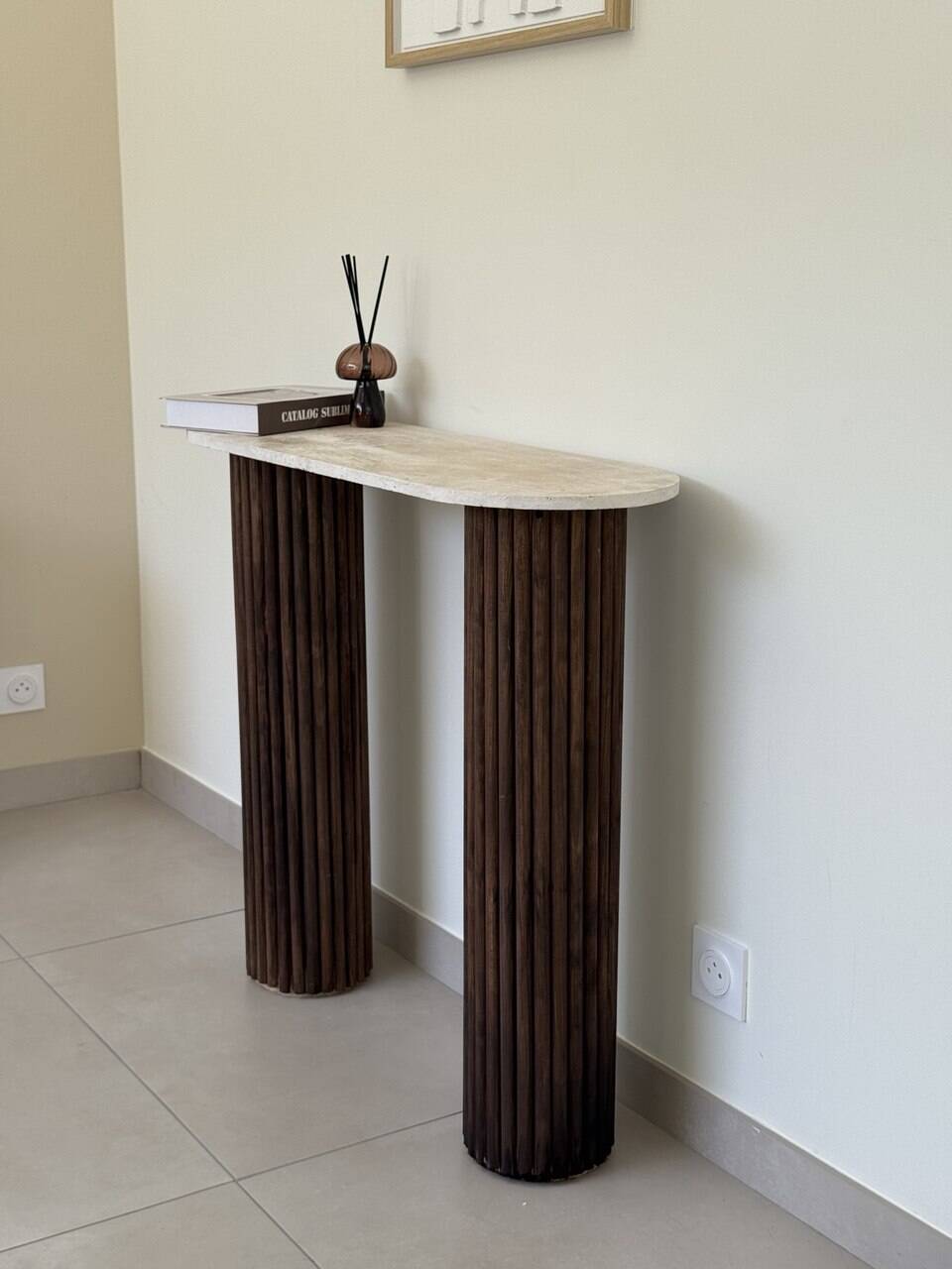 Travertine and wood console | dark oak