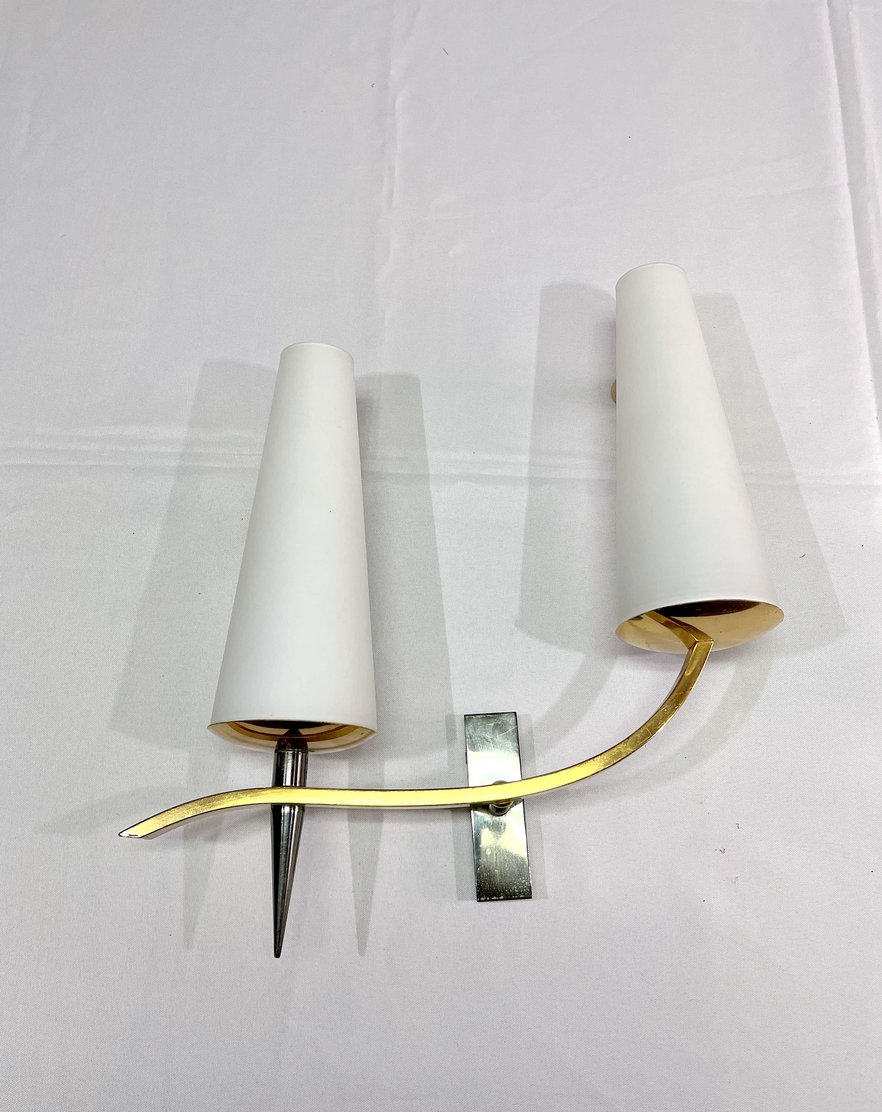 Pair of double sconces in brass and opaline, Maison Arlus, France, Mid-Century