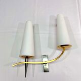 Pair of double sconces in brass and opaline, Maison Arlus, France, Mid-Century