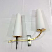 Pair of double sconces in brass and opaline, Maison Arlus, France, Mid-Century